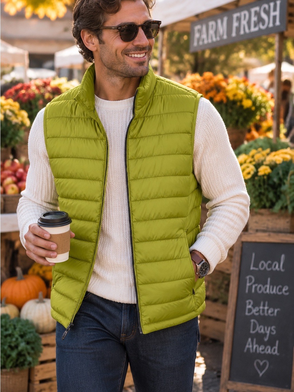 ZARA Men's Olive Green Zip Front Gorpcore Casual Weekend Quilted Vest, XL